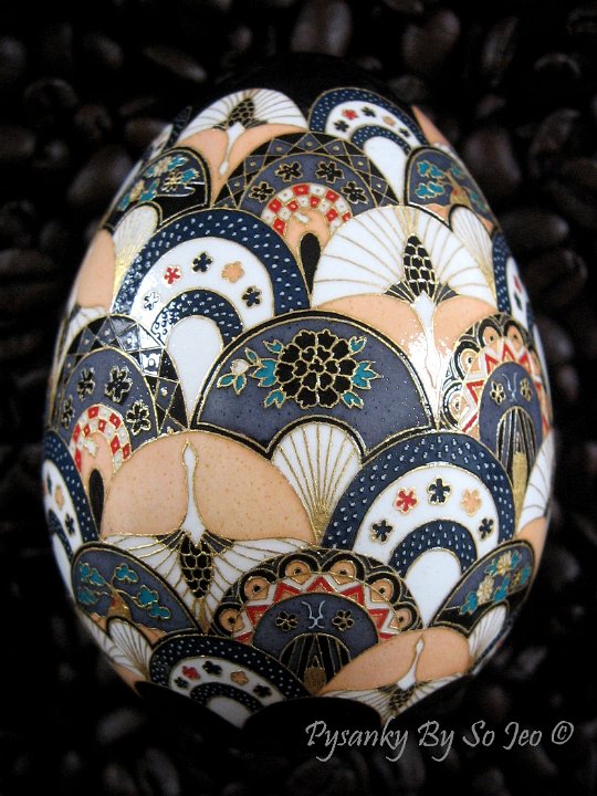Cranes and Fans ChiyogamiUkrainian Style Easter Egg Pysanky by So Jeo